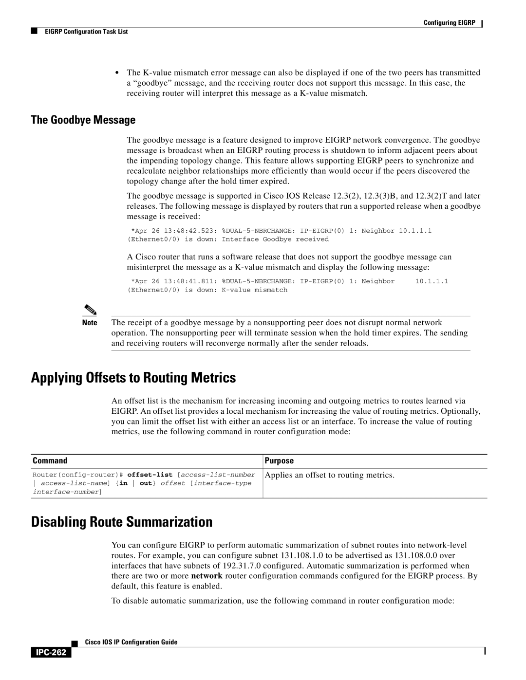 Cisco Systems 78-11741-02 manual Disabling Route Summarization, Goodbye Message, IPC-262, Value mismatch 