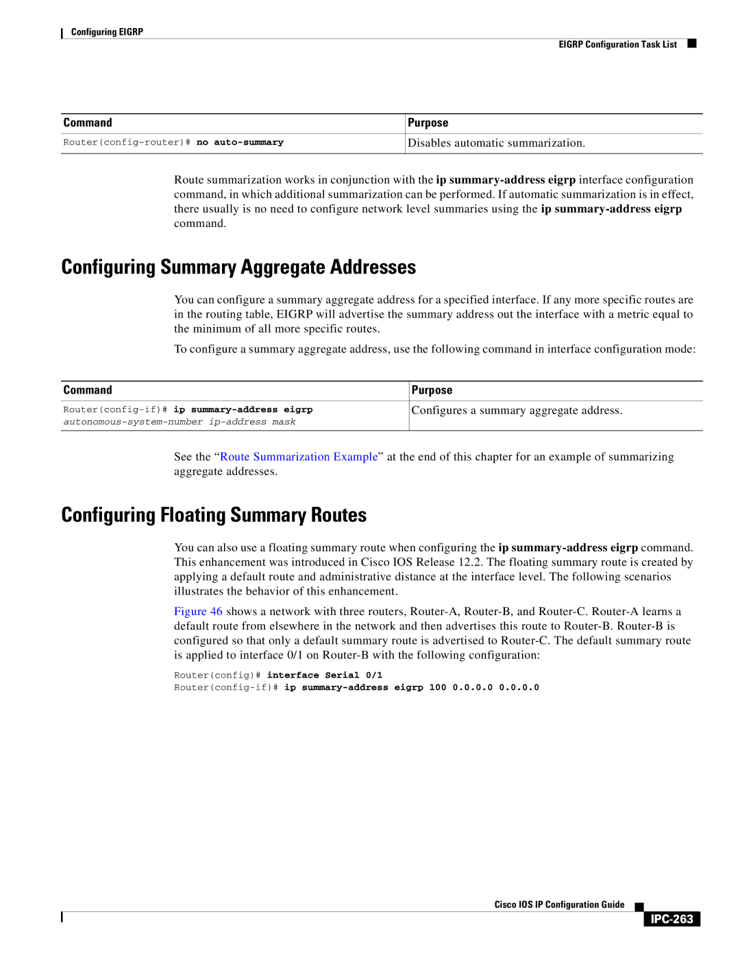 Cisco Systems 78-11741-02 manual Configuring Summary Aggregate Addresses, Configuring Floating Summary Routes, IPC-263 