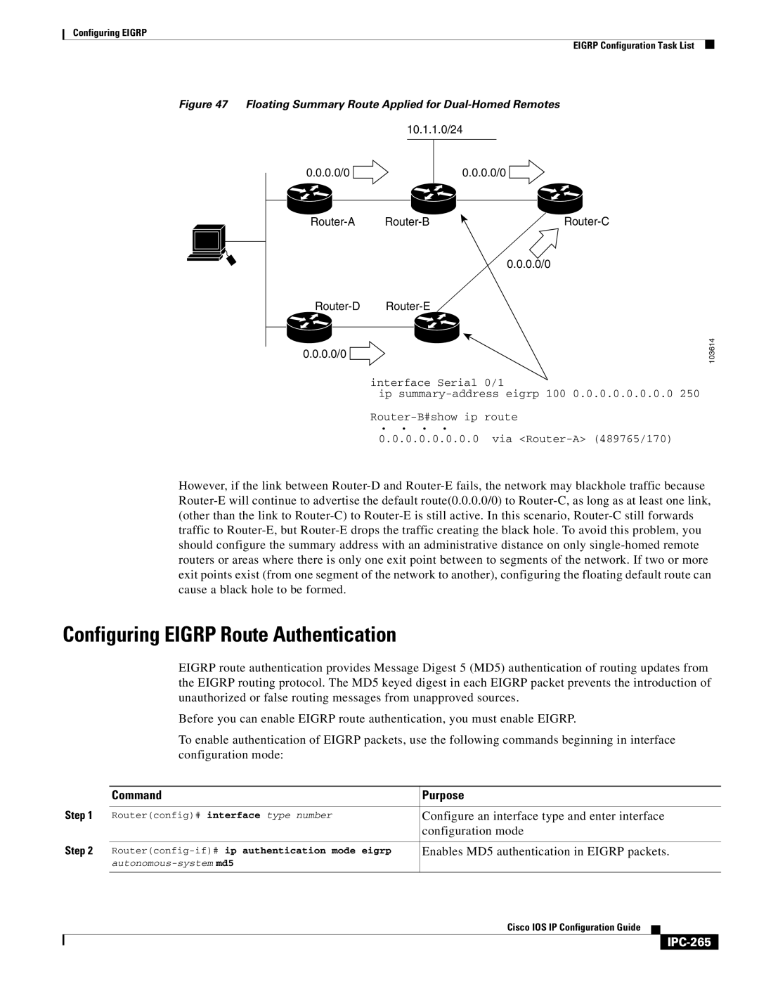 Cisco Systems 78-11741-02 Configuring Eigrp Route Authentication, Configure an interface type and enter interface, IPC-265 