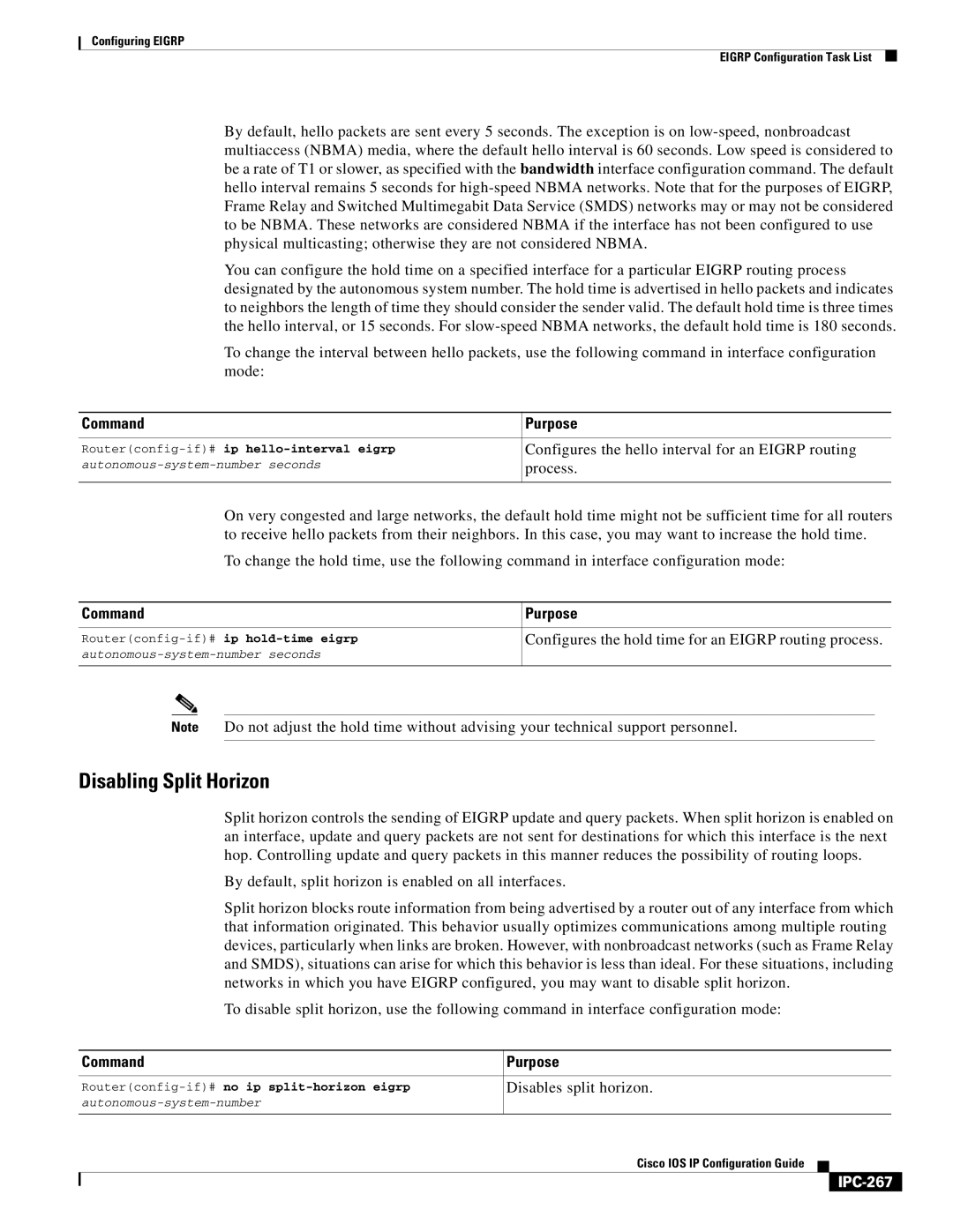 Cisco Systems 78-11741-02 Disabling Split Horizon, Configures the hello interval for an Eigrp routing, Process, IPC-267 