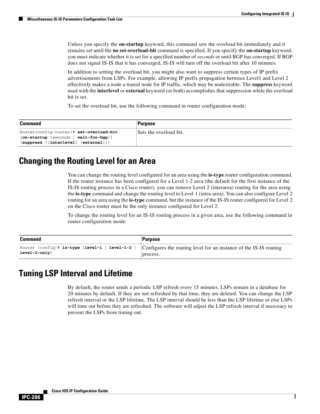 Cisco Systems 78-11741-02 Changing the Routing Level for an Area, Tuning LSP Interval and Lifetime, Sets the overload bit 