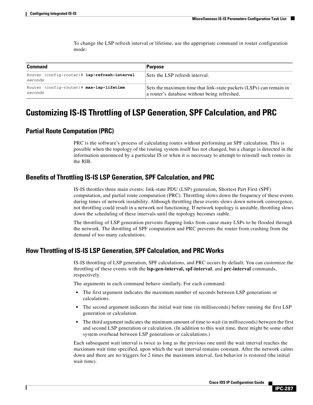 Cisco Systems 78-11741-02 manual Partial Route Computation PRC, Sets the LSP refresh interval, IPC-287 