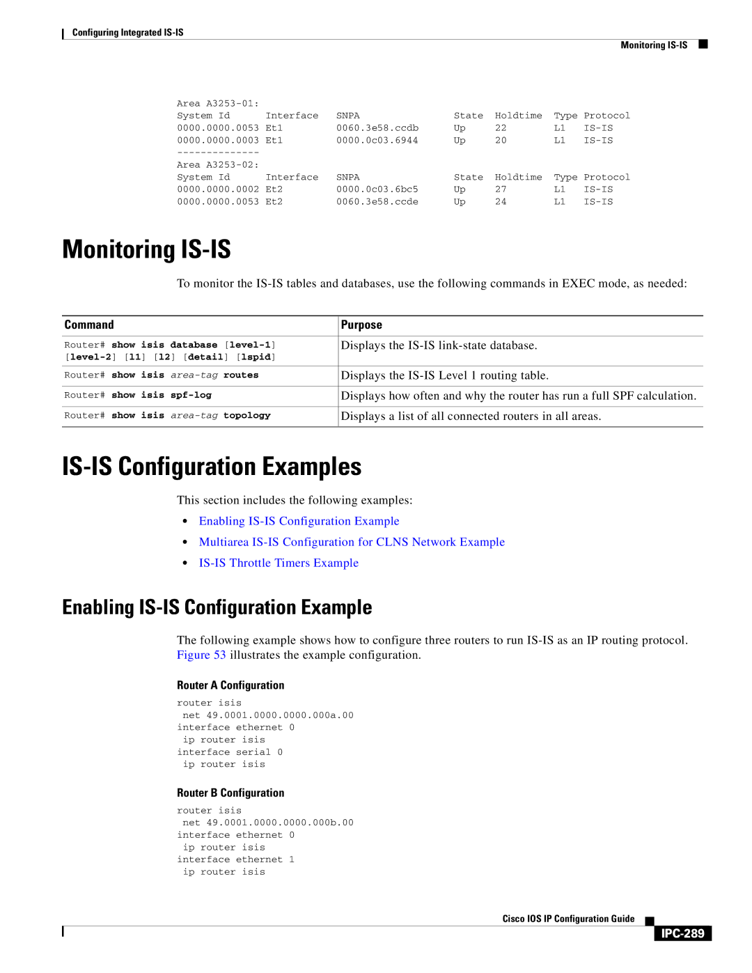 Cisco Systems 78-11741-02 Monitoring IS-IS, IS-IS Configuration Examples, Enabling IS-IS Configuration Example, IPC-289 