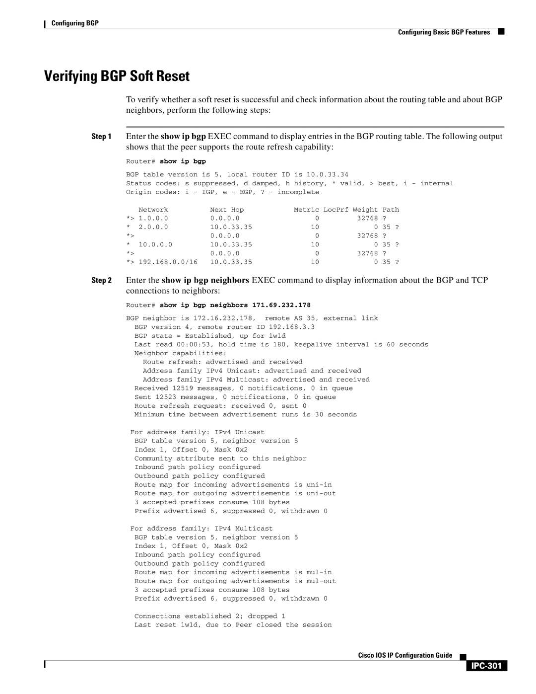 Cisco Systems 78-11741-02 manual Verifying BGP Soft Reset, IPC-301 