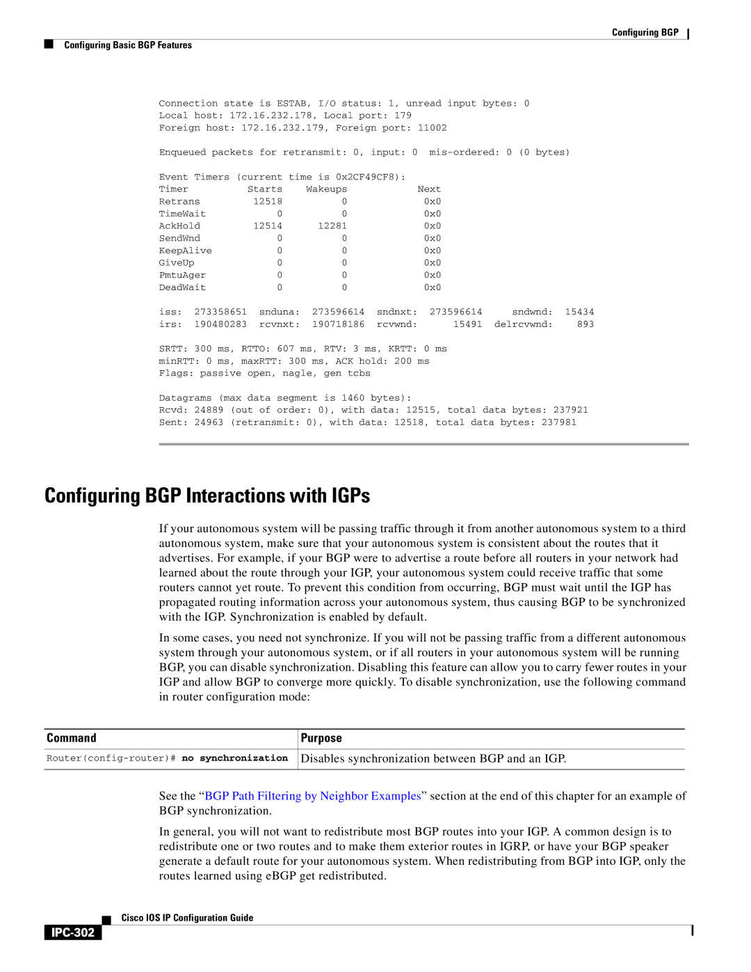 Cisco Systems 78-11741-02 Configuring BGP Interactions with IGPs, Disables synchronization between BGP and an IGP, IPC-302 