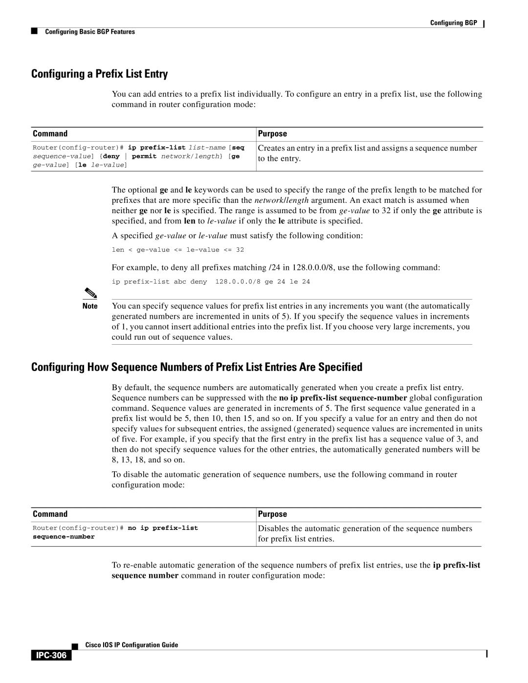 Cisco Systems 78-11741-02 manual Configuring a Prefix List Entry, To the entry, IPC-306, Len ge-value = le-value = 