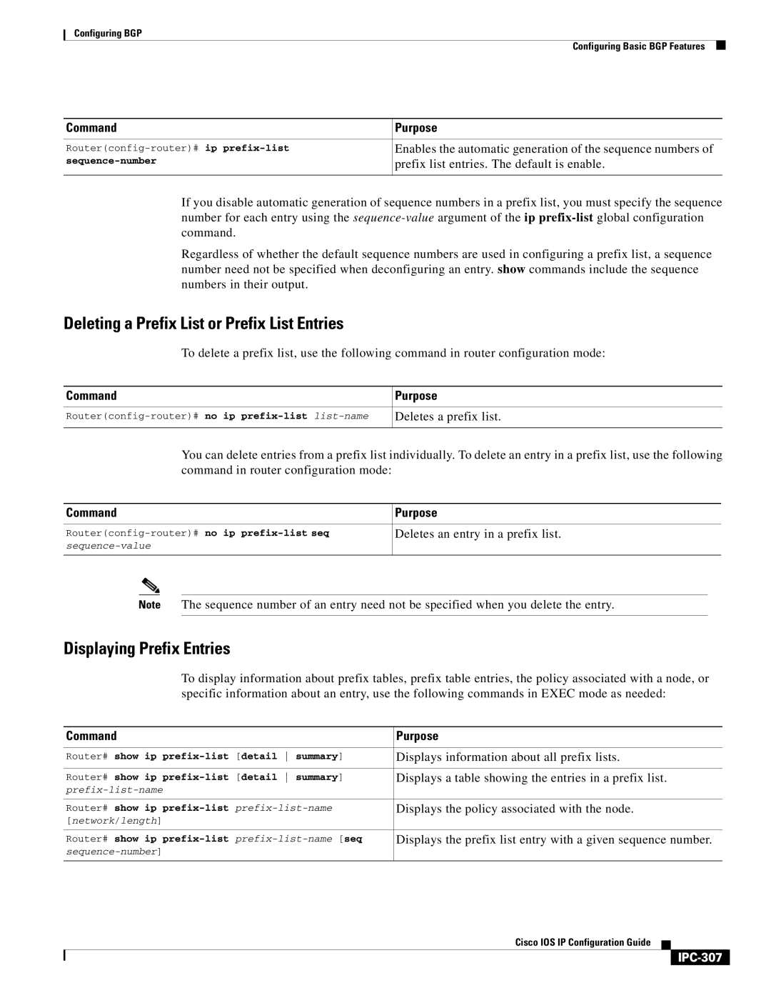 Cisco Systems 78-11741-02 manual Deleting a Prefix List or Prefix List Entries, Displaying Prefix Entries, IPC-307 