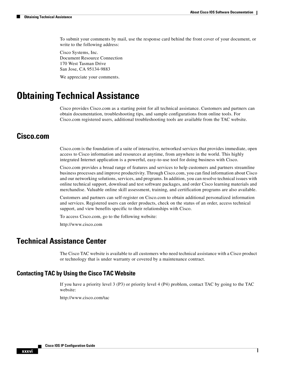 Cisco Systems 78-11741-02 manual Obtaining Technical Assistance, Cisco.com, Technical Assistance Center, Xxxvi 