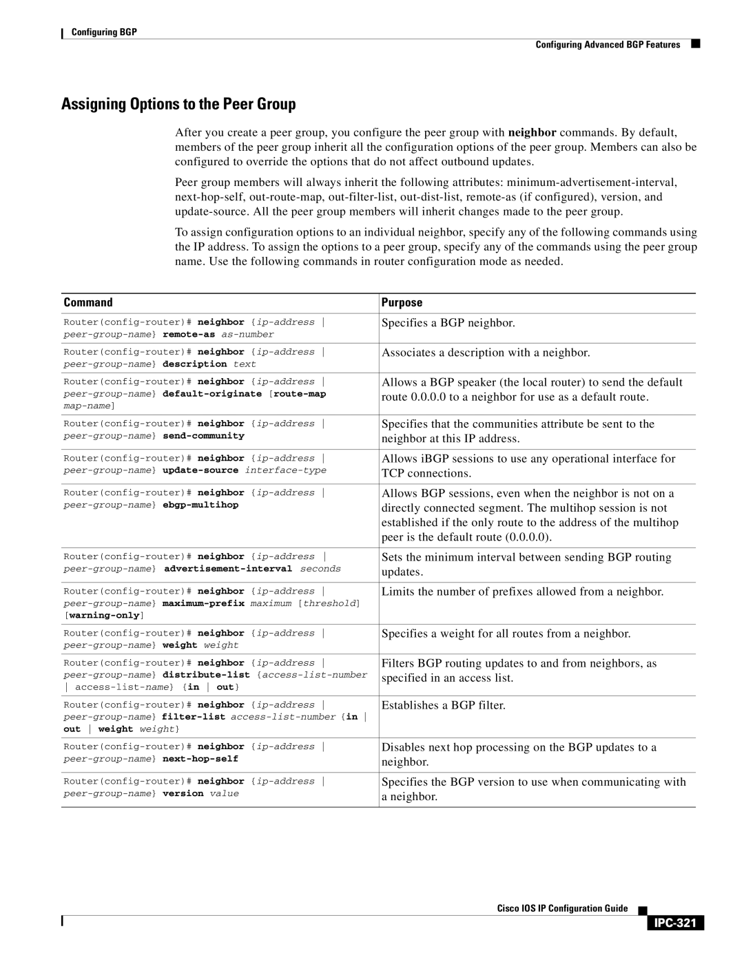 Cisco Systems 78-11741-02 manual Assigning Options to the Peer Group, IPC-321 