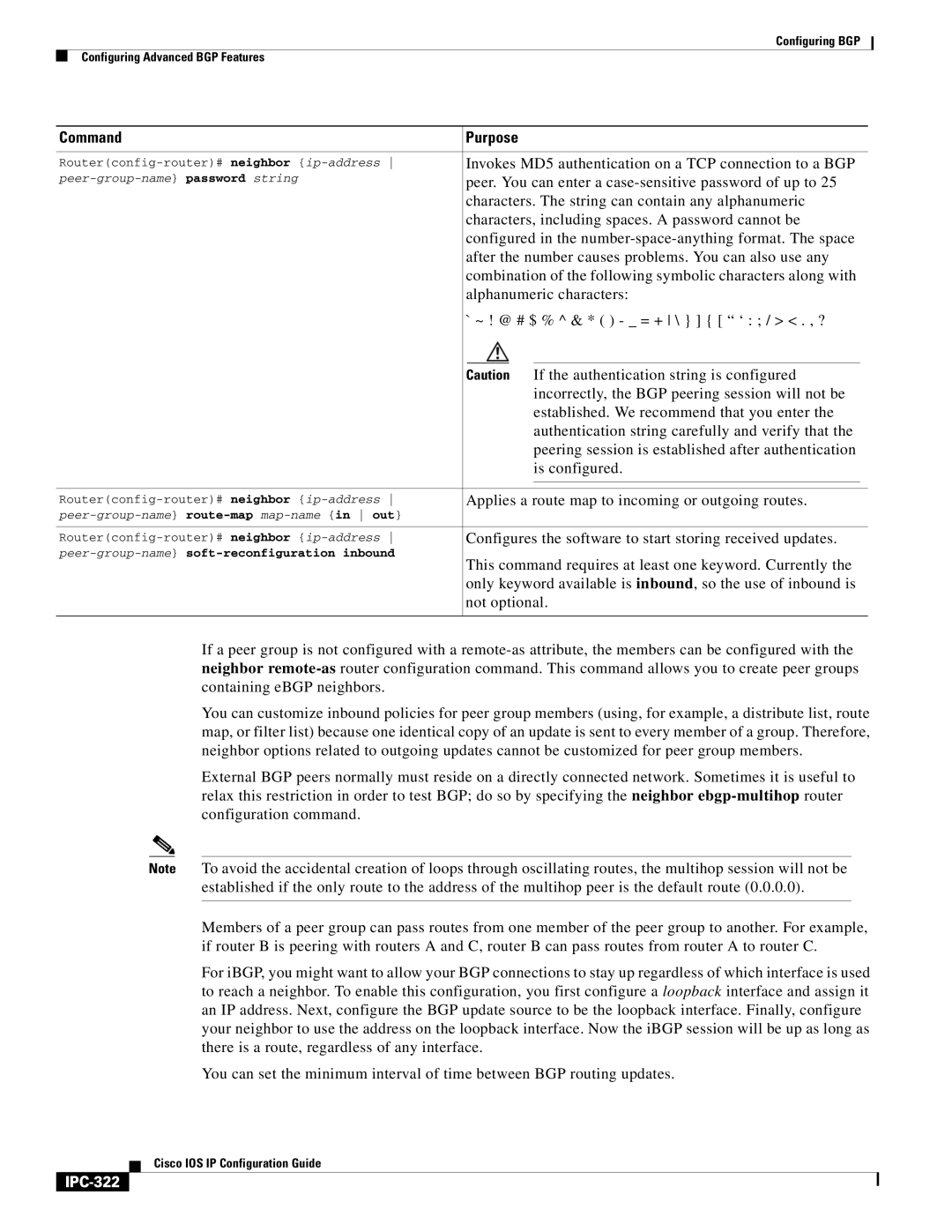 Cisco Systems 78-11741-02 manual Invokes MD5 authentication on a TCP connection to a BGP, IPC-322 