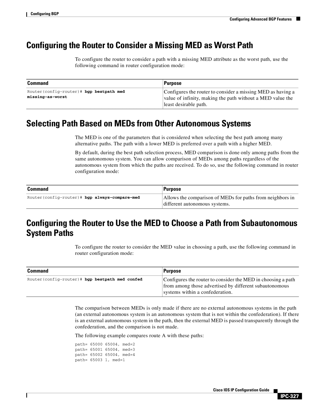 Cisco Systems 78-11741-02 manual Selecting Path Based on MEDs from Other Autonomous Systems, IPC-327 