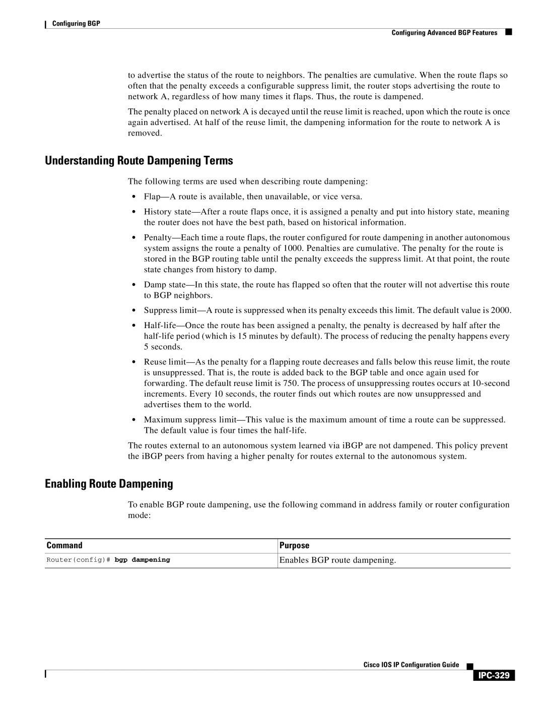 Cisco Systems 78-11741-02 manual Understanding Route Dampening Terms, Enabling Route Dampening, IPC-329 