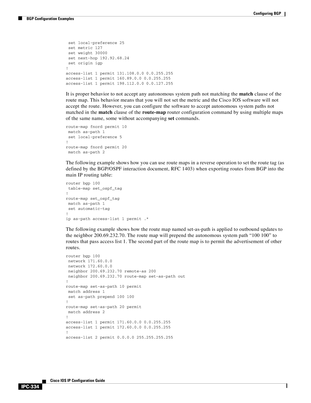 Cisco Systems 78-11741-02 manual IPC-334, Set local-preference 25 set metric Set weight, Access-list 2 permit 0.0.0.0 