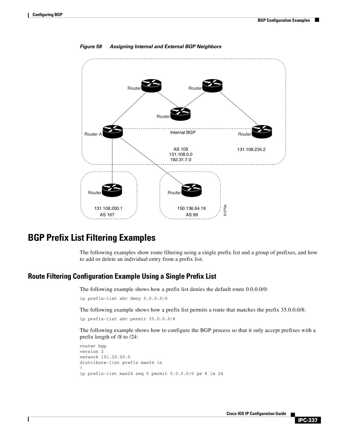 Cisco Systems 78-11741-02 manual BGP Prefix List Filtering Examples, IPC-337, Ip prefix-list abc deny 0.0.0.0/0 