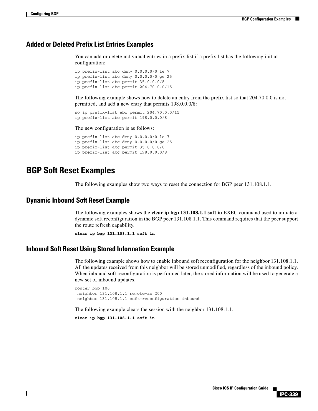 Cisco Systems 78-11741-02 manual BGP Soft Reset Examples, Added or Deleted Prefix List Entries Examples, IPC-339 