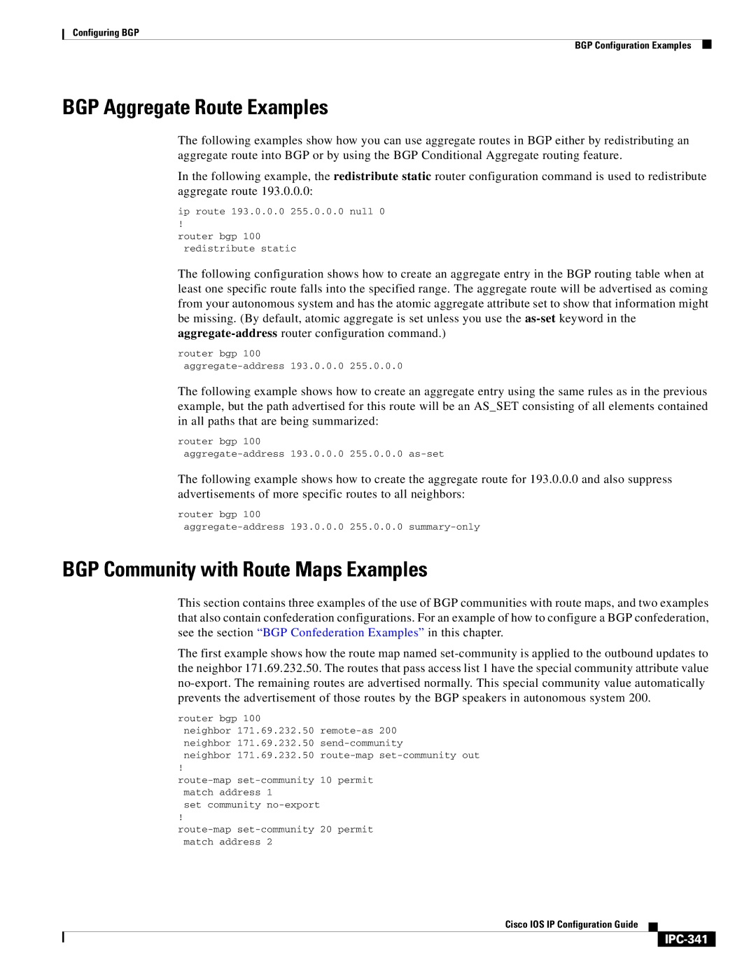 Cisco Systems 78-11741-02 manual BGP Aggregate Route Examples, BGP Community with Route Maps Examples, IPC-341 