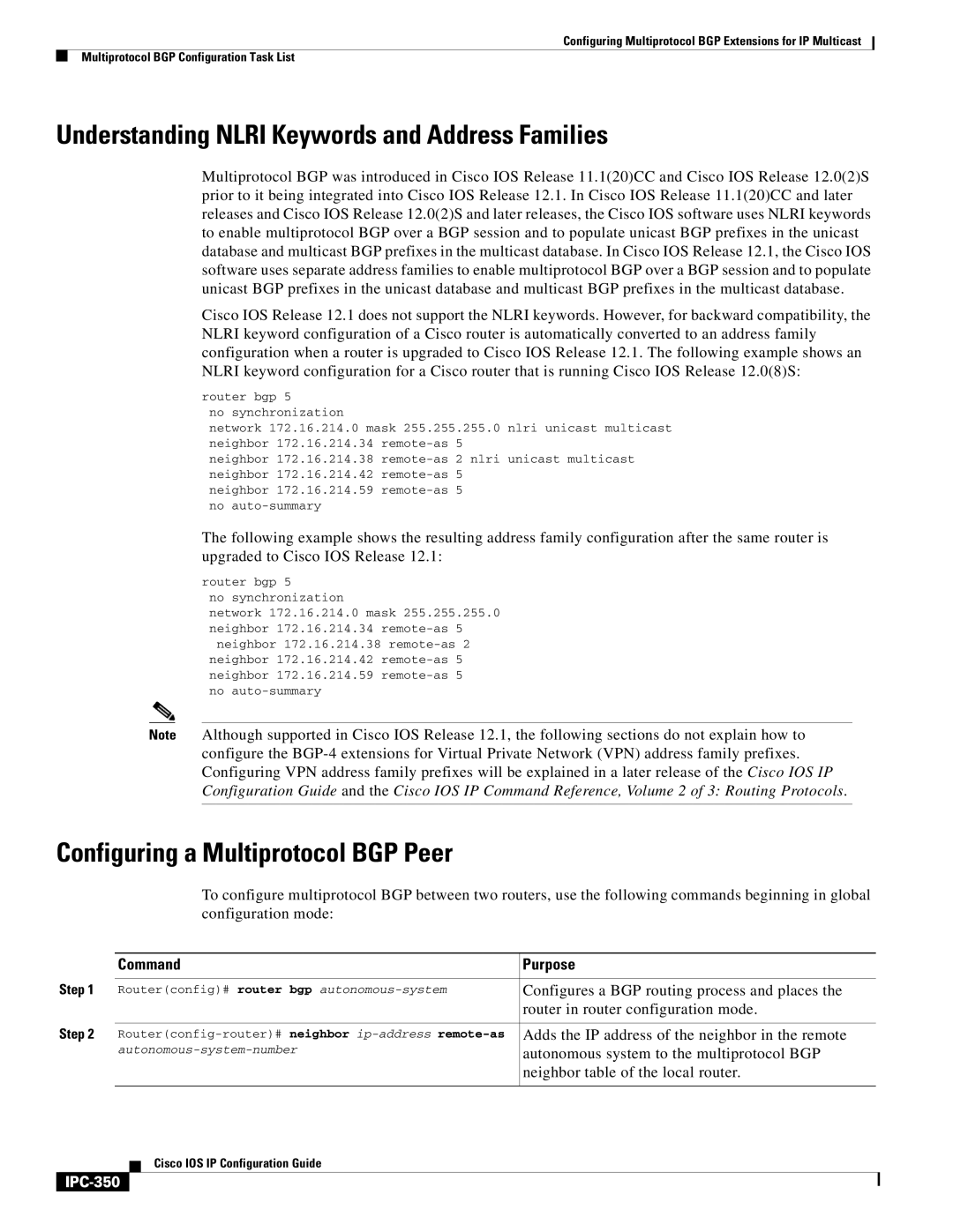 Cisco Systems 78-11741-02 Understanding Nlri Keywords and Address Families, Configuring a Multiprotocol BGP Peer, IPC-350 