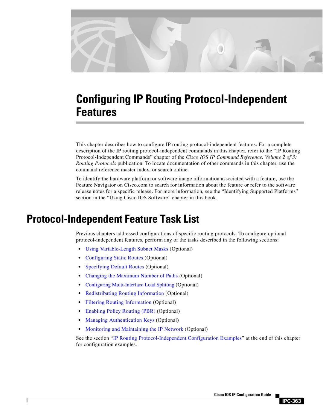 Cisco Systems 78-11741-02 Configuring IP Routing Protocol-Independent Features, Protocol-Independent Feature Task List 