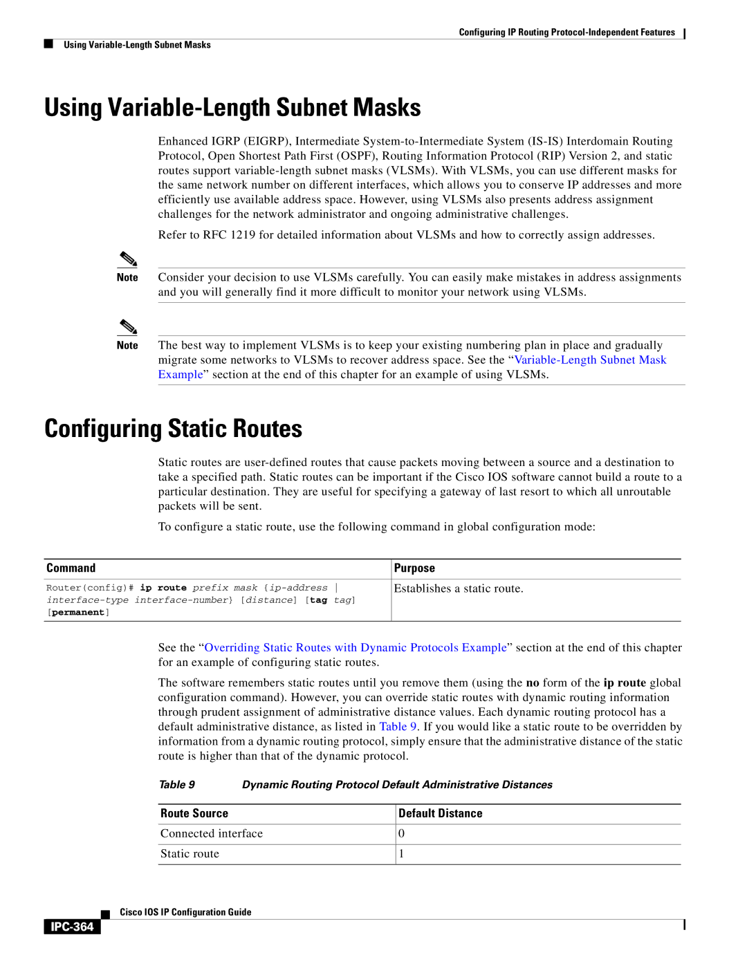 Cisco Systems 78-11741-02 Using Variable-Length Subnet Masks, Configuring Static Routes, Route Source Default Distance 