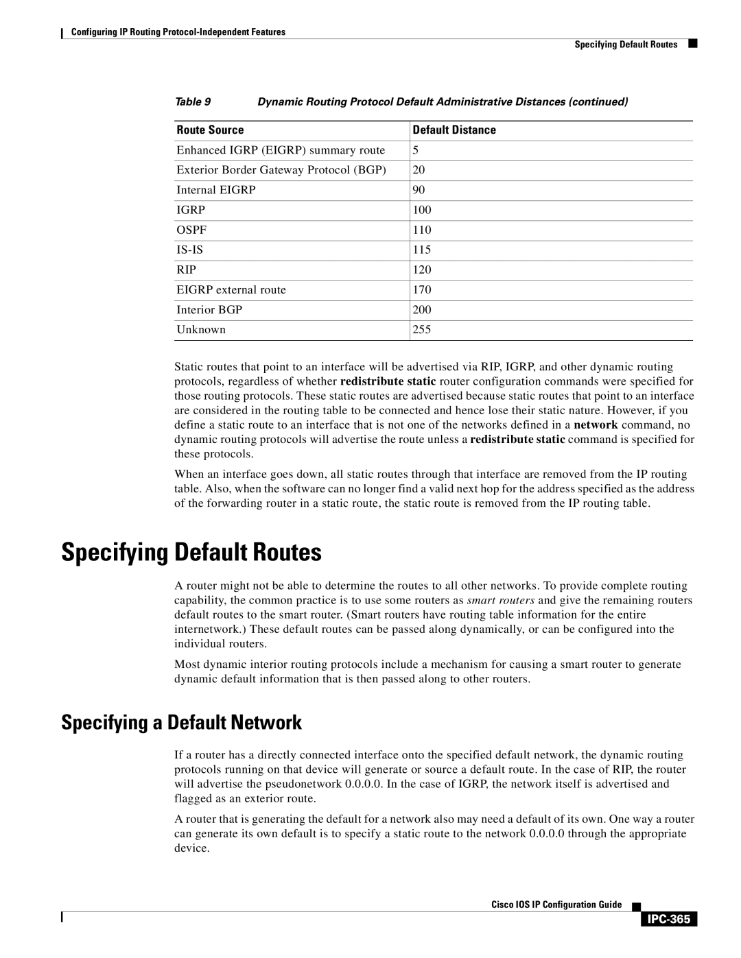 Cisco Systems 78-11741-02 manual Specifying Default Routes, Specifying a Default Network, IPC-365 