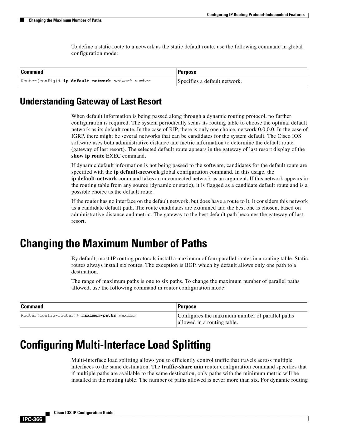 Cisco Systems 78-11741-02 manual Changing the Maximum Number of Paths, Configuring Multi-Interface Load Splitting, IPC-366 