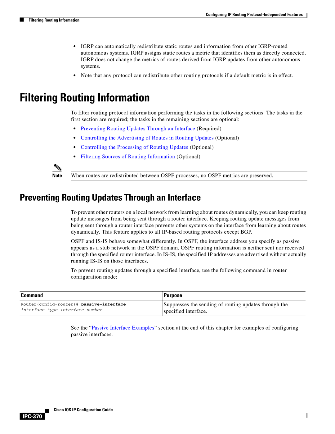 Cisco Systems 78-11741-02 manual Filtering Routing Information, Preventing Routing Updates Through an Interface, IPC-370 