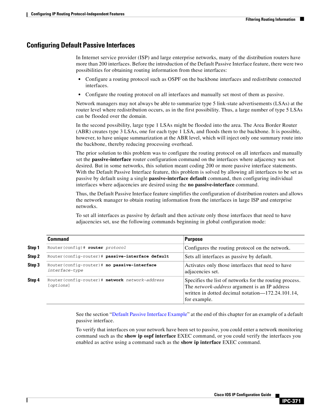 Cisco Systems 78-11741-02 manual Configuring Default Passive Interfaces, IPC-371 