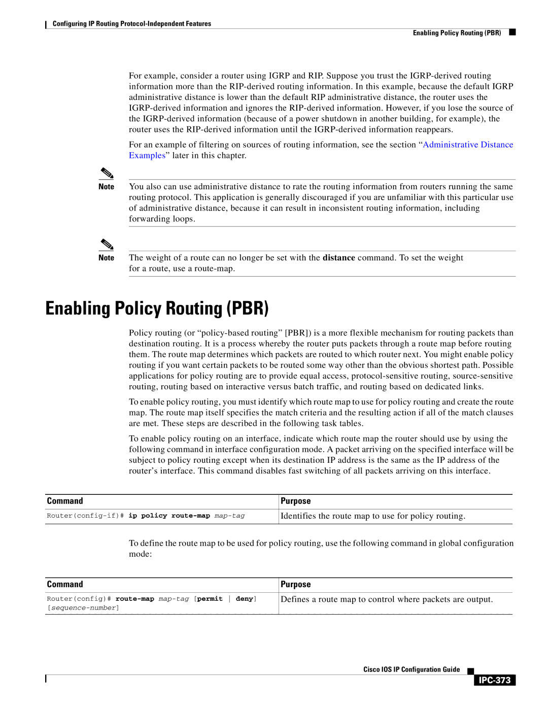 Cisco Systems 78-11741-02 manual Enabling Policy Routing PBR, Identifies the route map to use for policy routing, IPC-373 