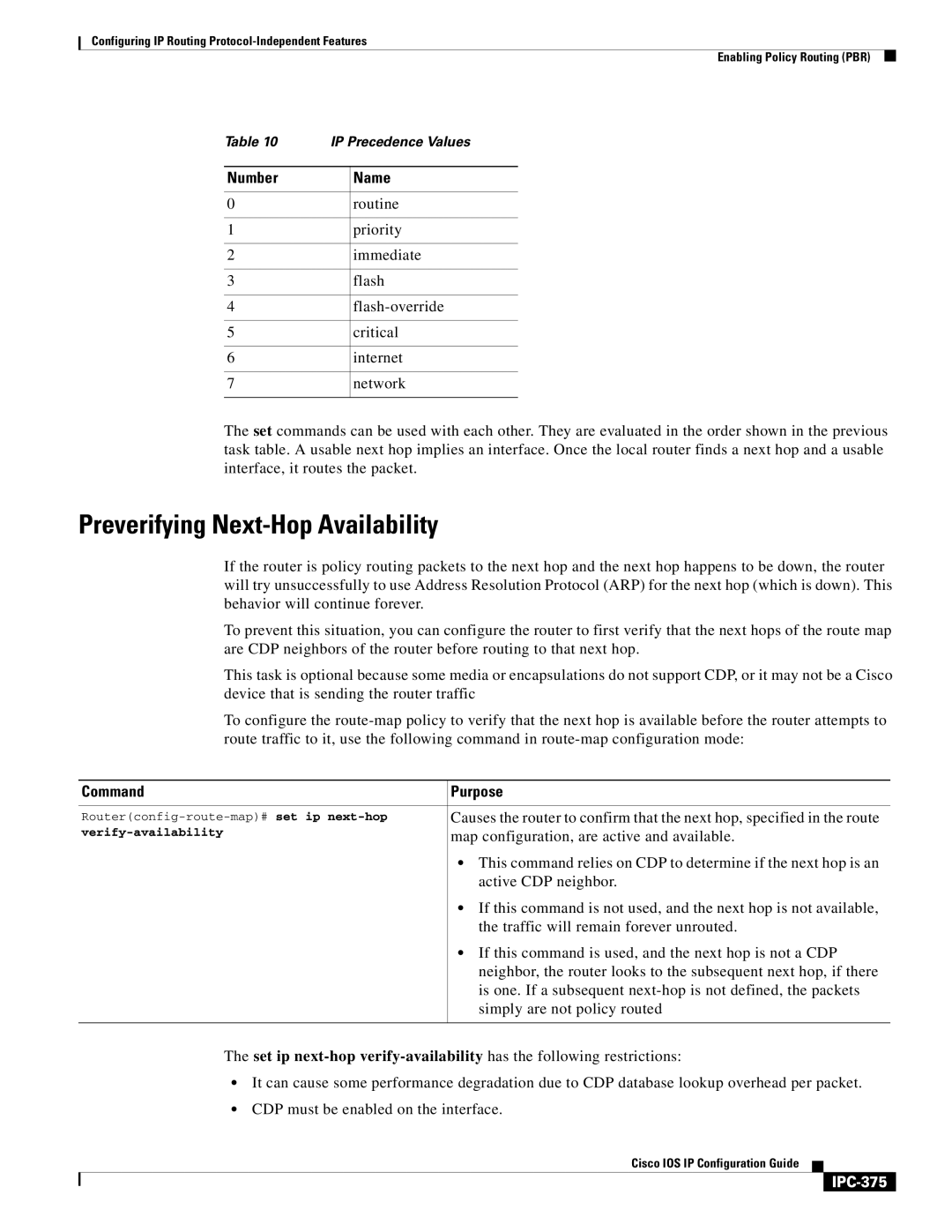 Cisco Systems 78-11741-02 manual Preverifying Next-Hop Availability, Number Name, IPC-375 