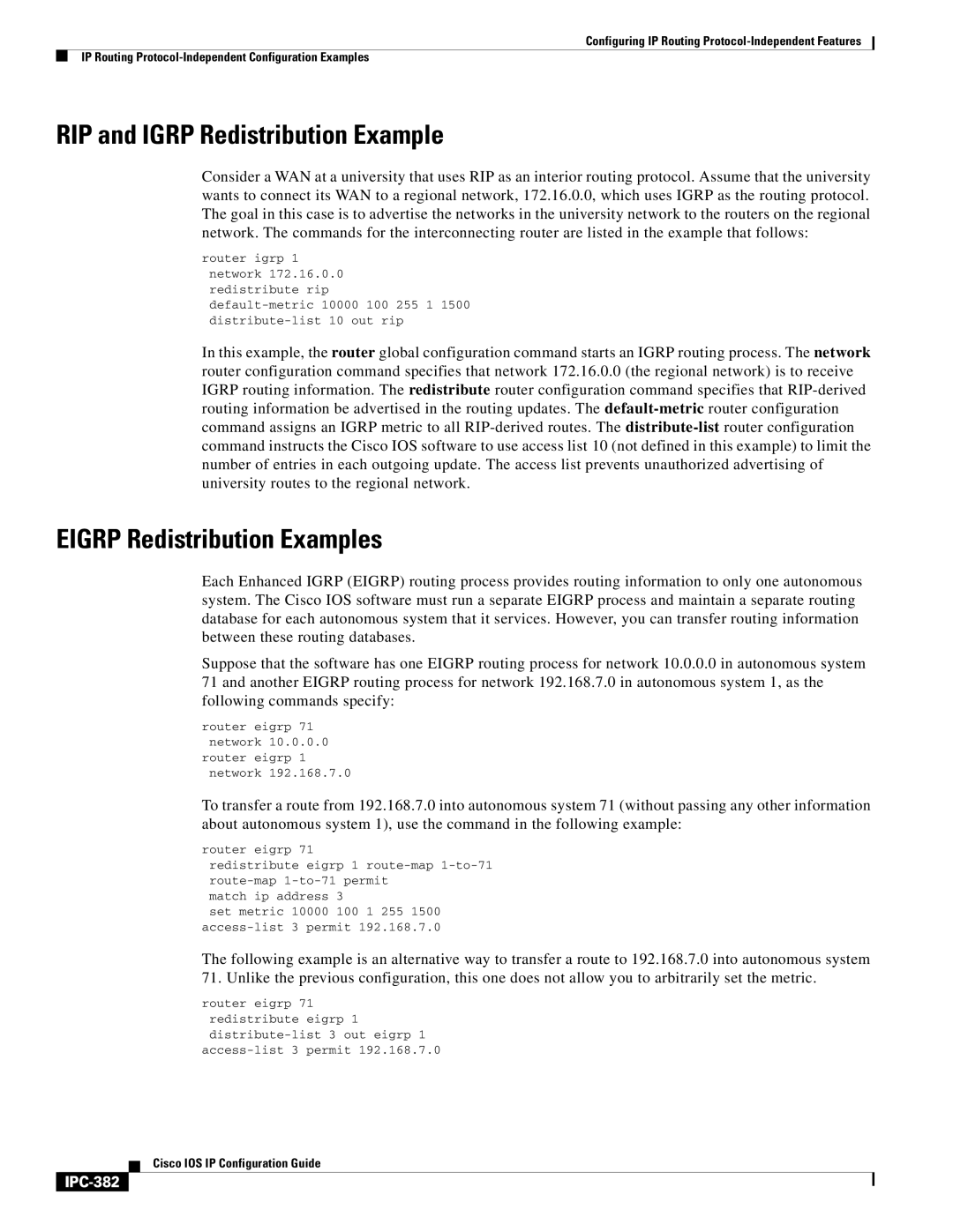 Cisco Systems 78-11741-02 manual RIP and Igrp Redistribution Example, Eigrp Redistribution Examples, IPC-382 