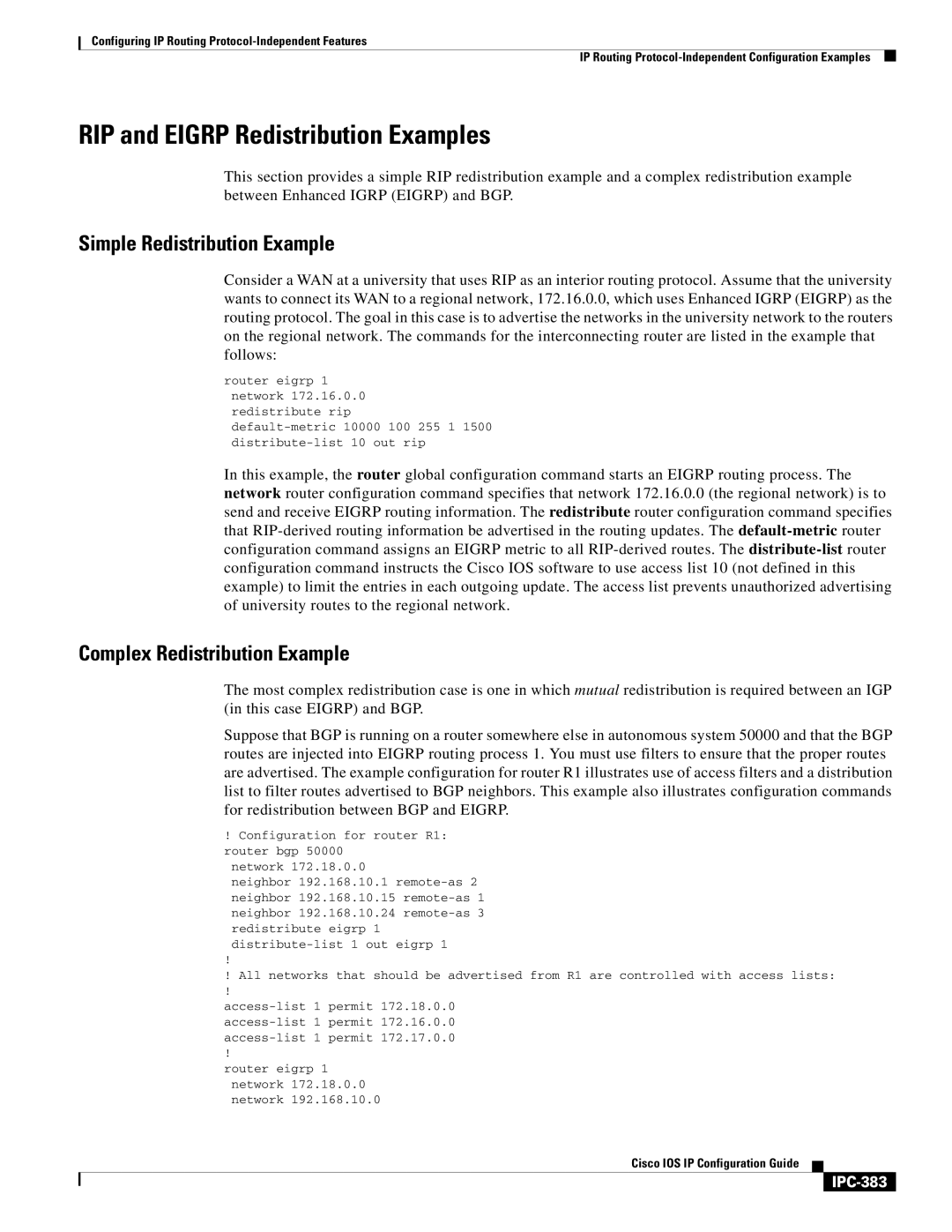 Cisco Systems 78-11741-02 manual RIP and Eigrp Redistribution Examples, Simple Redistribution Example, IPC-383 