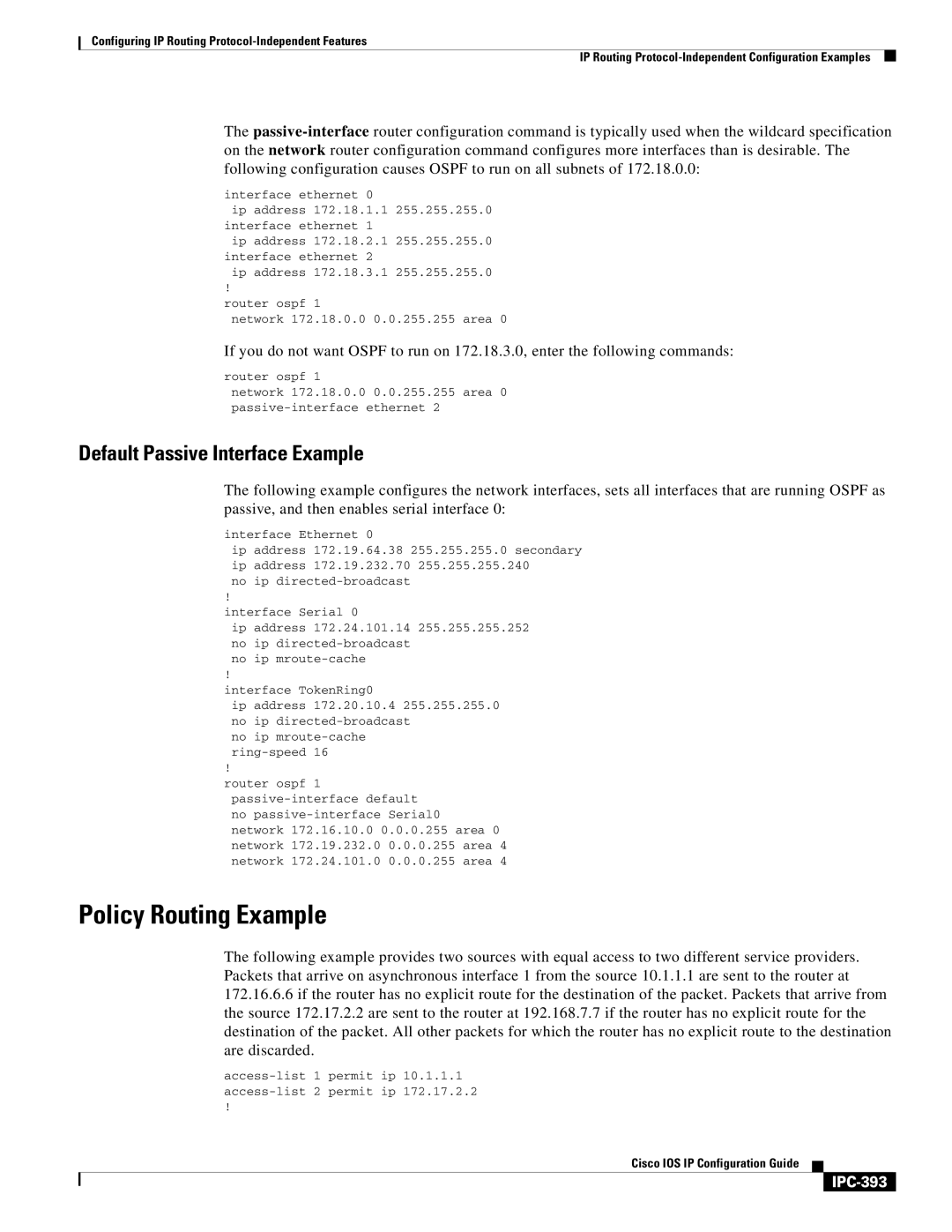 Cisco Systems 78-11741-02 manual Policy Routing Example, Default Passive Interface Example, IPC-393 