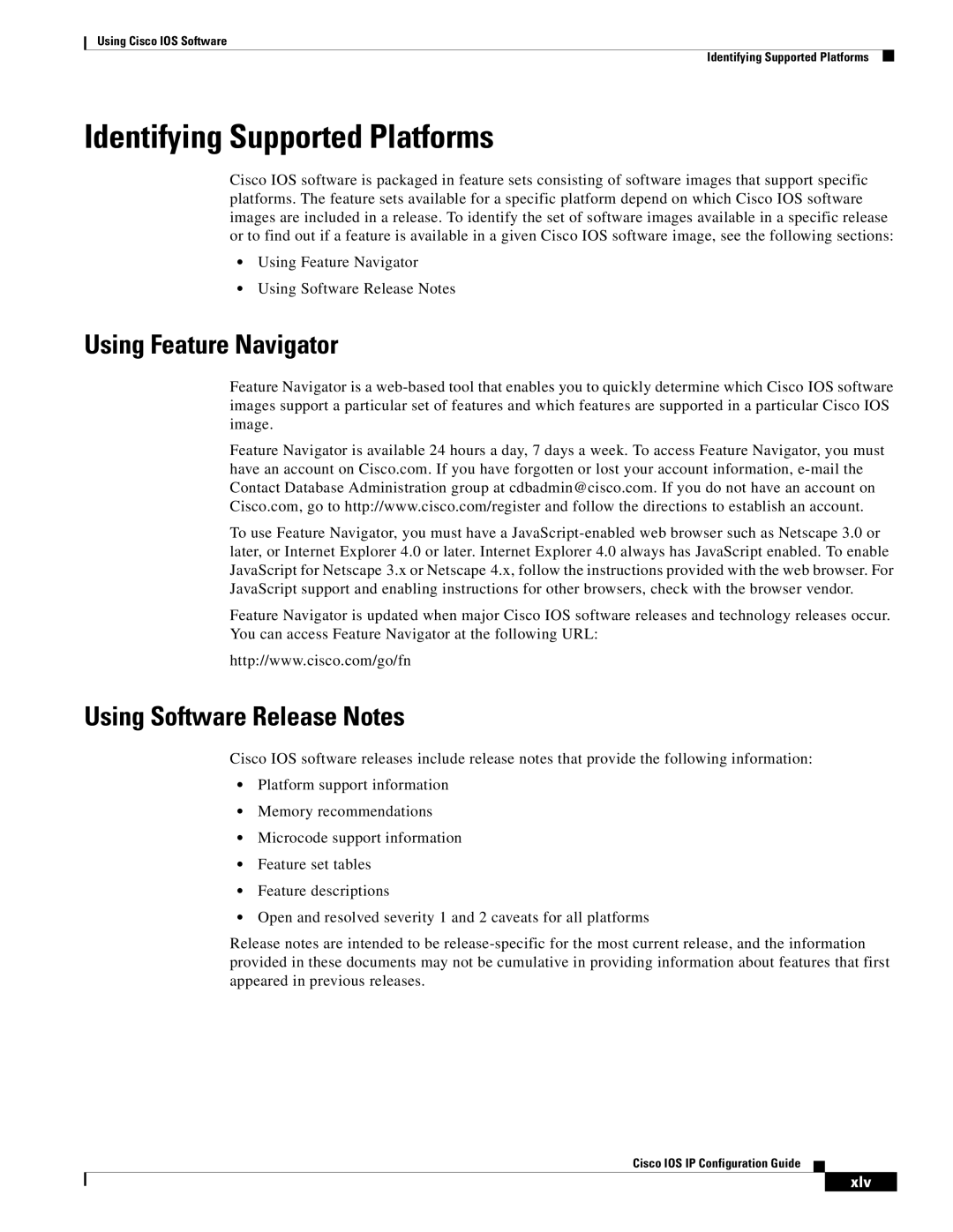 Cisco Systems 78-11741-02 Identifying Supported Platforms, Using Feature Navigator, Using Software Release Notes, Xlv 