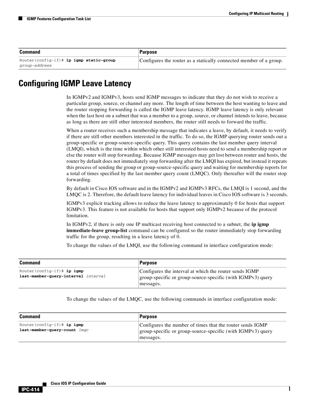 Cisco Systems 78-11741-02 Configuring Igmp Leave Latency, Configures the interval at which the router sends Igmp, IPC-414 