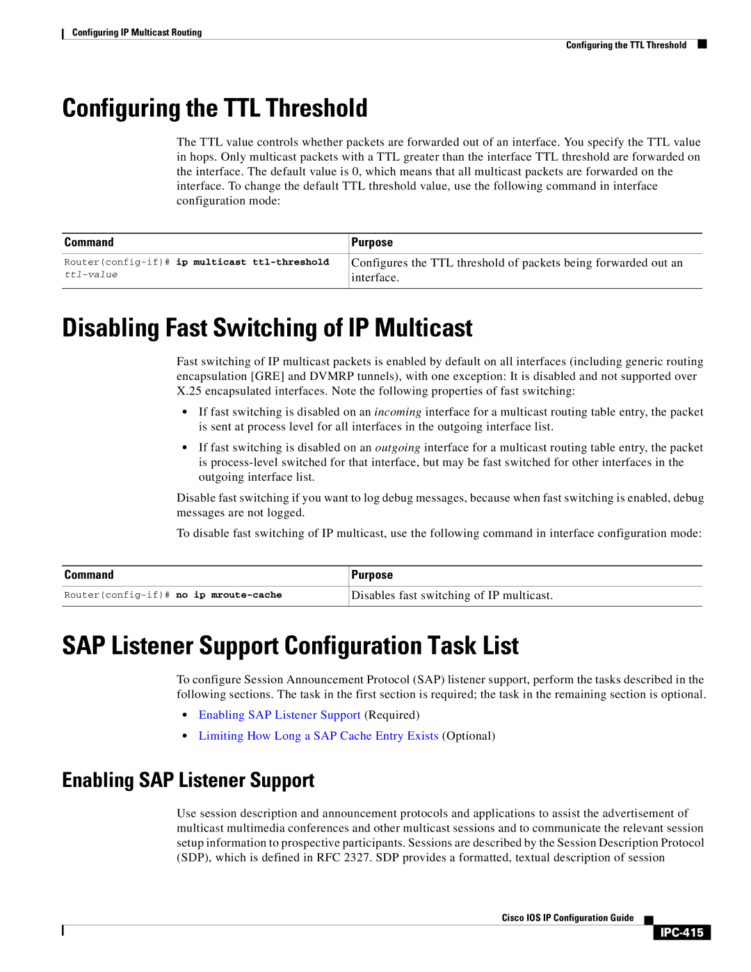 Cisco Systems 78-11741-02 manual Configuring the TTL Threshold, Disabling Fast Switching of IP Multicast, IPC-415 