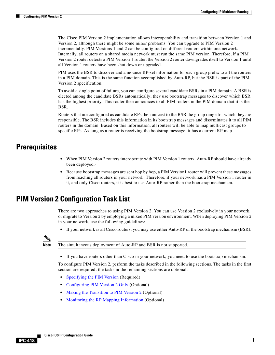 Cisco Systems 78-11741-02 manual Prerequisites, PIM Version 2 Configuration Task List, IPC-418 