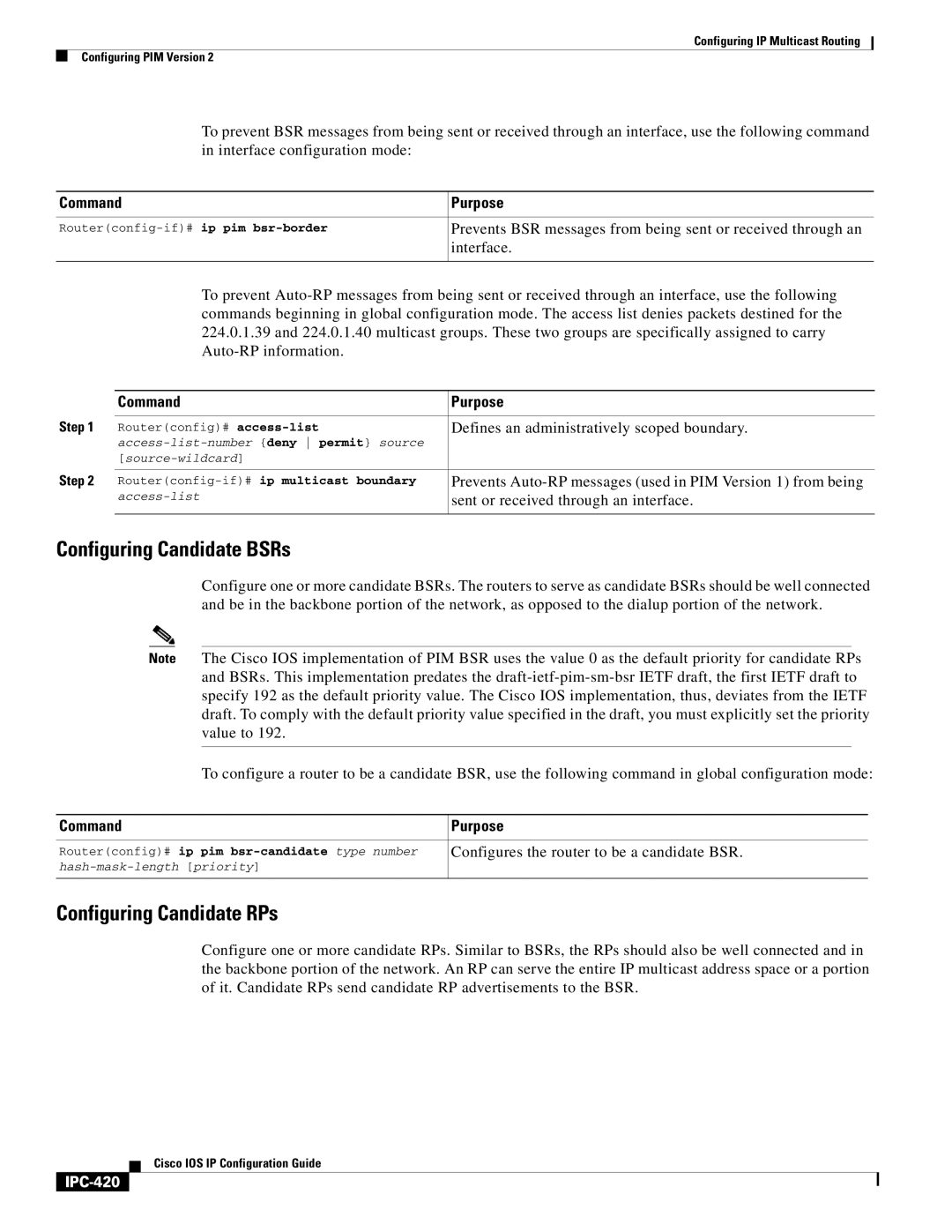 Cisco Systems 78-11741-02 manual Configuring Candidate BSRs, Configuring Candidate RPs, IPC-420 