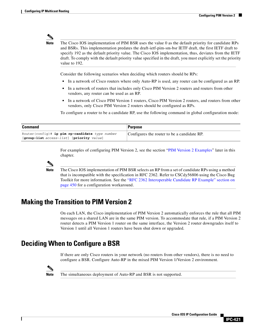 Cisco Systems 78-11741-02 manual Making the Transition to PIM Version, Deciding When to Configure a BSR, IPC-421 