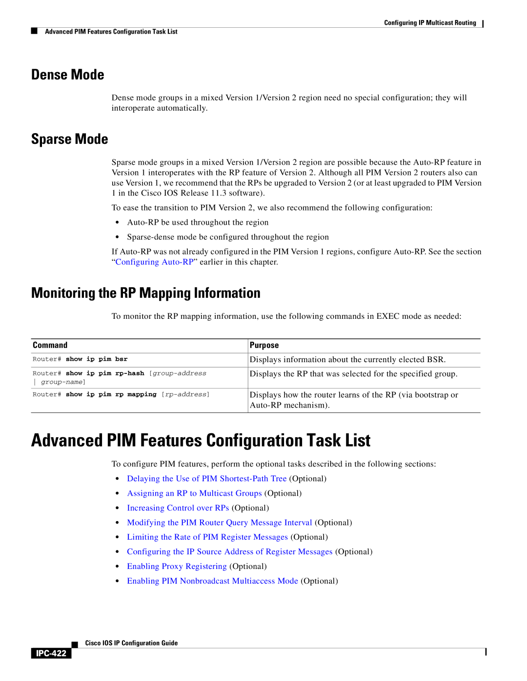 Cisco Systems 78-11741-02 manual Advanced PIM Features Configuration Task List, Dense Mode, Sparse Mode, IPC-422 