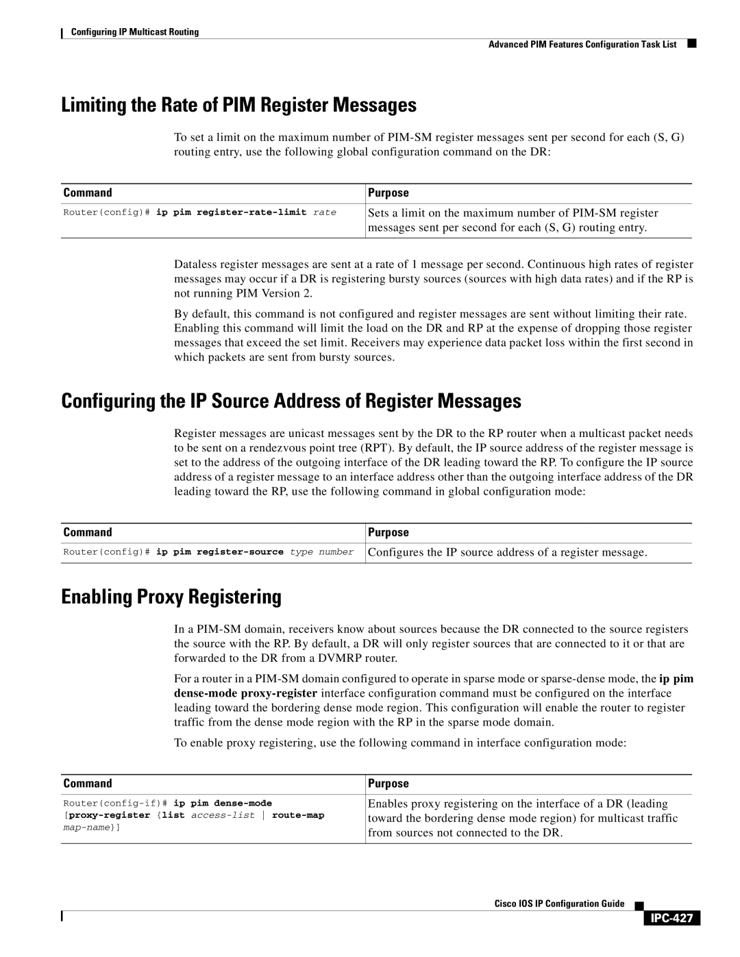 Cisco Systems 78-11741-02 manual Limiting the Rate of PIM Register Messages, Enabling Proxy Registering, IPC-427 