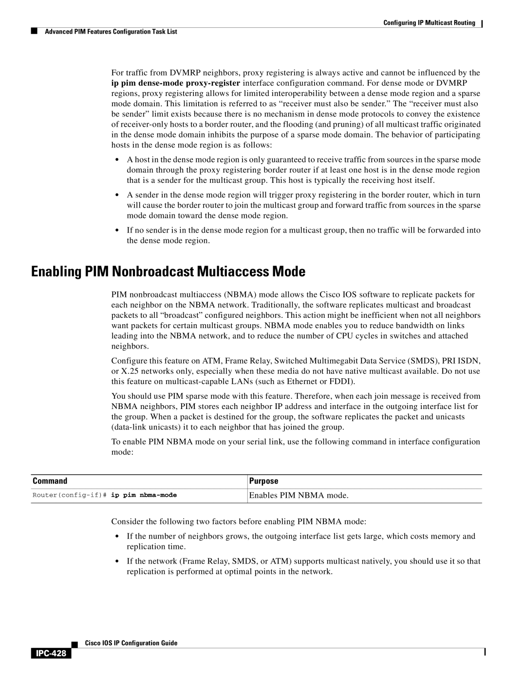 Cisco Systems 78-11741-02 manual Enabling PIM Nonbroadcast Multiaccess Mode, Enables PIM Nbma mode, IPC-428 