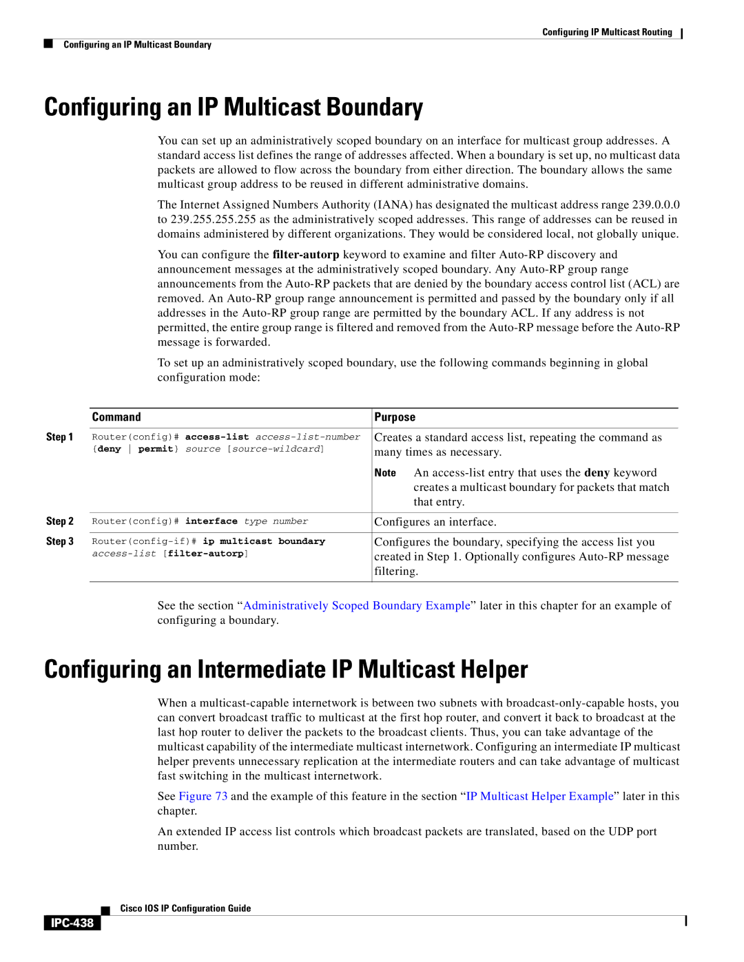 Cisco Systems 78-11741-02 Configuring an IP Multicast Boundary, Configuring an Intermediate IP Multicast Helper, IPC-438 