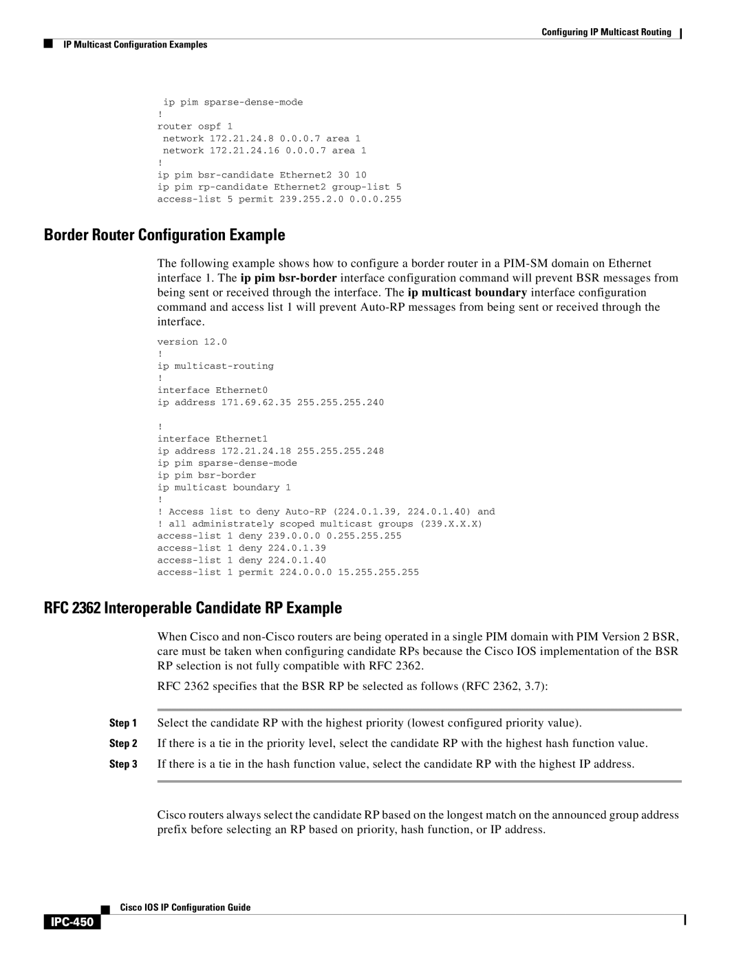 Cisco Systems 78-11741-02 manual Border Router Configuration Example, RFC 2362 Interoperable Candidate RP Example, IPC-450 