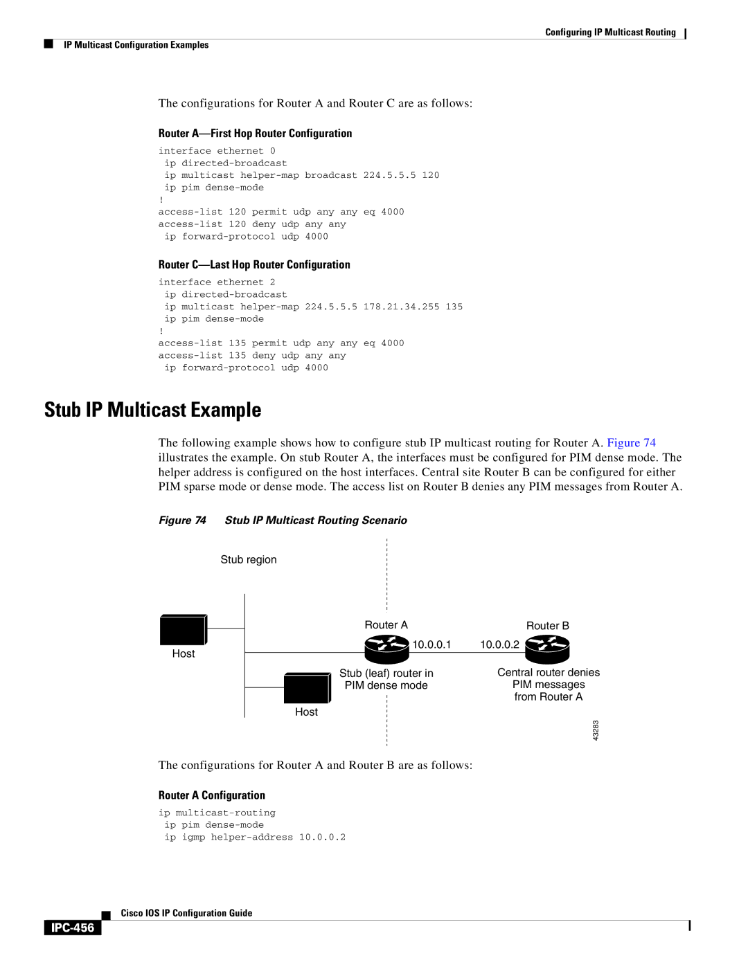 Cisco Systems 78-11741-02 manual Stub IP Multicast Example, Router A-First Hop Router Configuration, IPC-456 