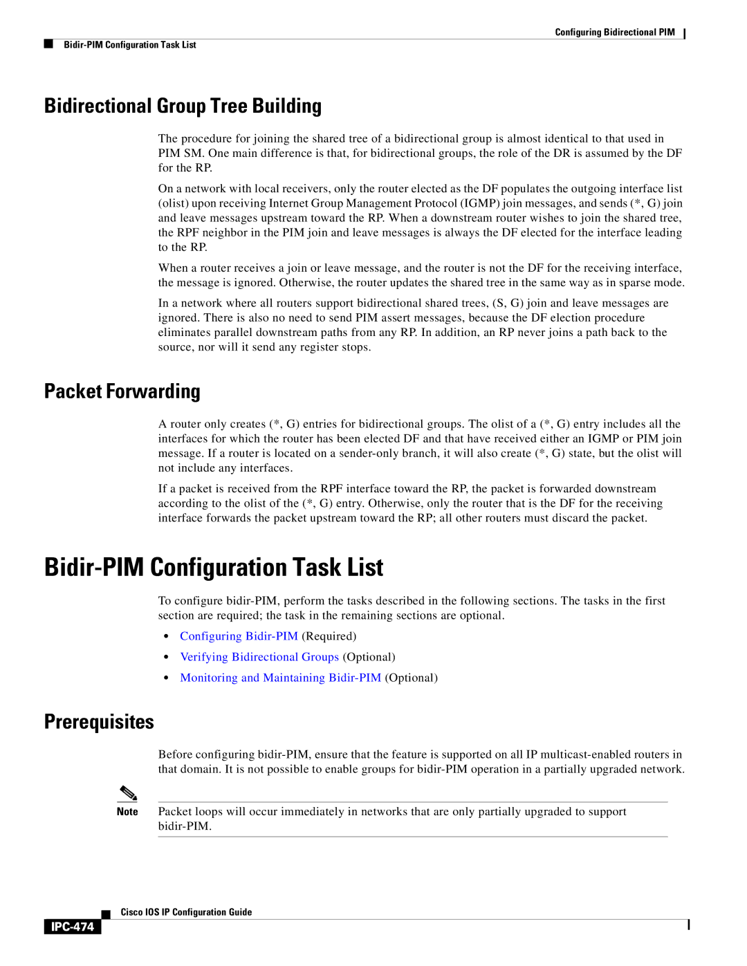 Cisco Systems 78-11741-02 Bidir-PIM Configuration Task List, Bidirectional Group Tree Building, Packet Forwarding, IPC-474 