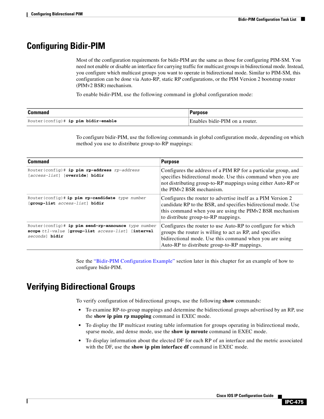 Cisco Systems 78-11741-02 manual Configuring Bidir-PIM, Verifying Bidirectional Groups, IPC-475 