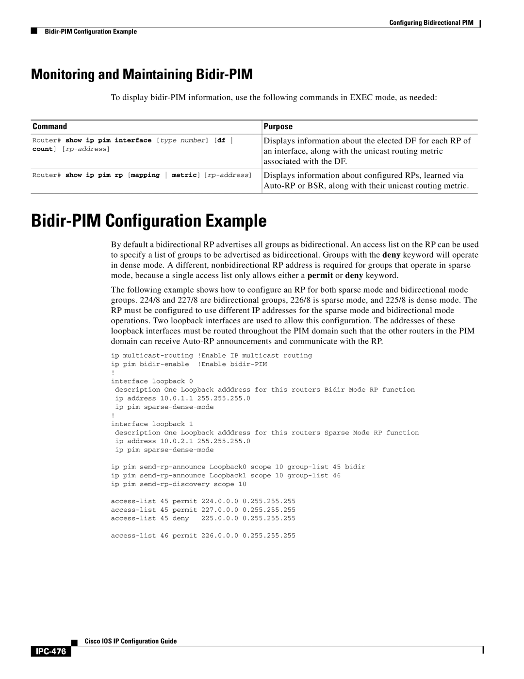 Cisco Systems 78-11741-02 manual Bidir-PIM Configuration Example, Monitoring and Maintaining Bidir-PIM, IPC-476 