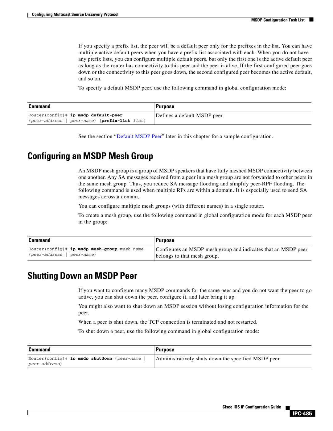 Cisco Systems 78-11741-02 manual Configuring an Msdp Mesh Group, Shutting Down an Msdp Peer, IPC-485 