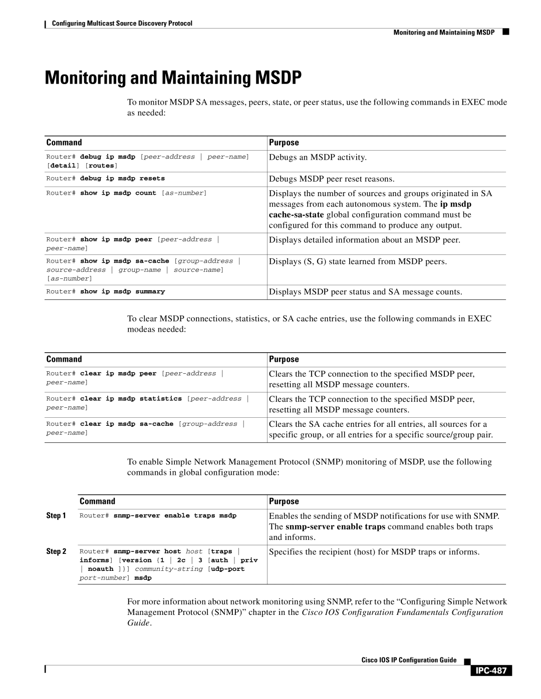 Cisco Systems 78-11741-02 manual Monitoring and Maintaining Msdp, IPC-487 