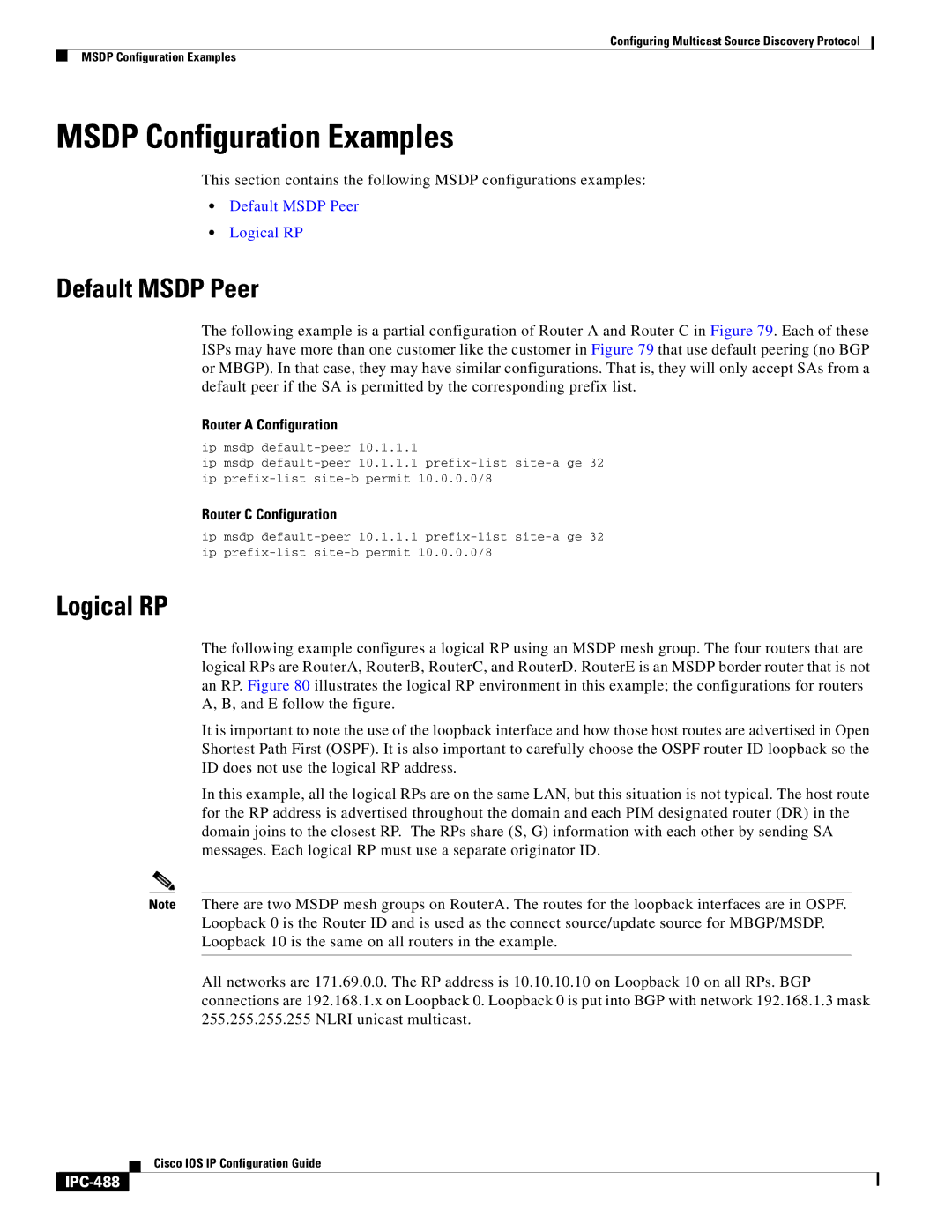 Cisco Systems 78-11741-02 manual Msdp Configuration Examples, Default Msdp Peer, Logical RP, IPC-488 